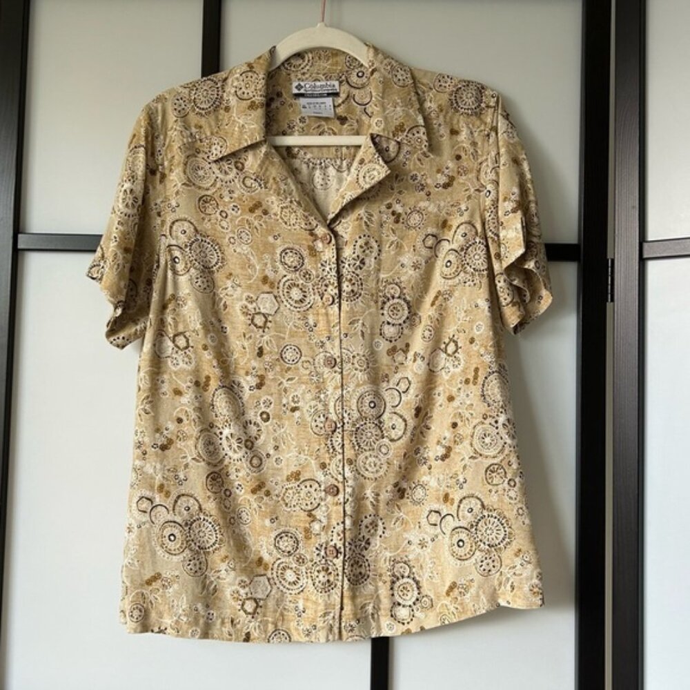 Columbia Mustard Yellow Rayon Flax Blend Button Down Short Sleeve Shirt
